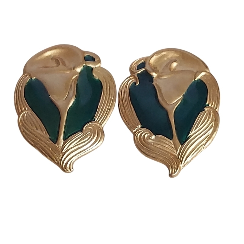 Georgio G Vintage Gold Calla Lily Green Enamel Clip-on Earrings Costume